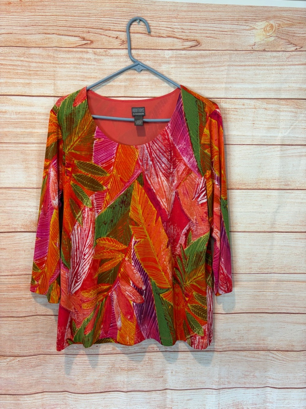 Chico's Multicolor Leaf-Print Long Sleeve Tee - Red, Pink, Green